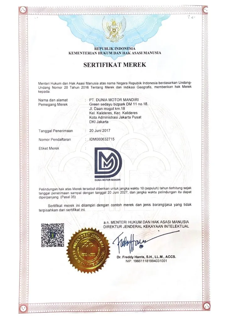 Sertifikat Merek DMM Parts dari Kementerian Hukum dan HAM / DMM Parts trademark certificate from the Ministry of Law and Human Rights